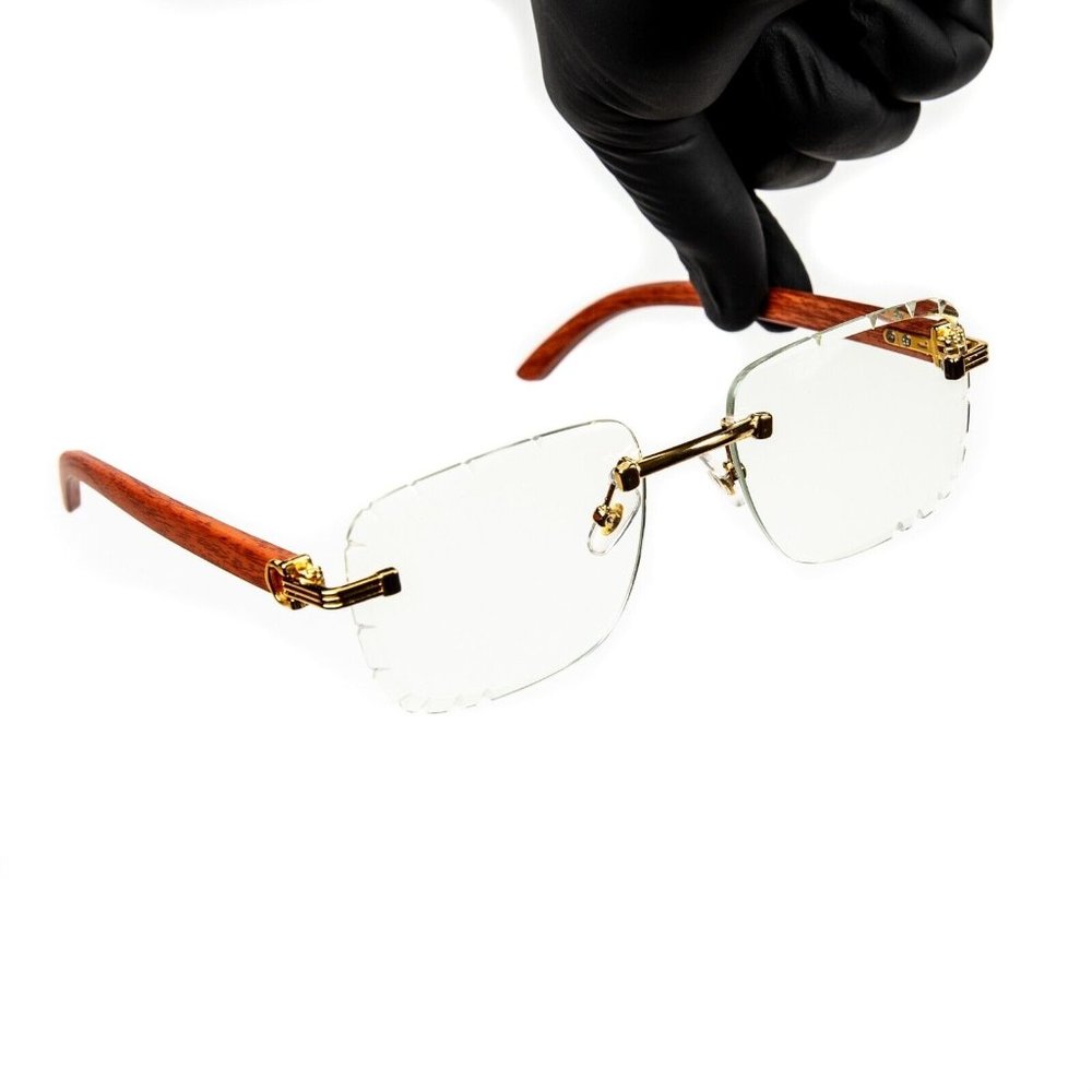 Luxury Red Wood Arm Rimless Clear Tint Gold Frame Square Woodgrain Glasses